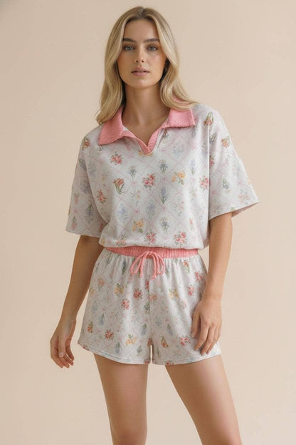 Plus Floral Print Color Block Lounge Wear Set