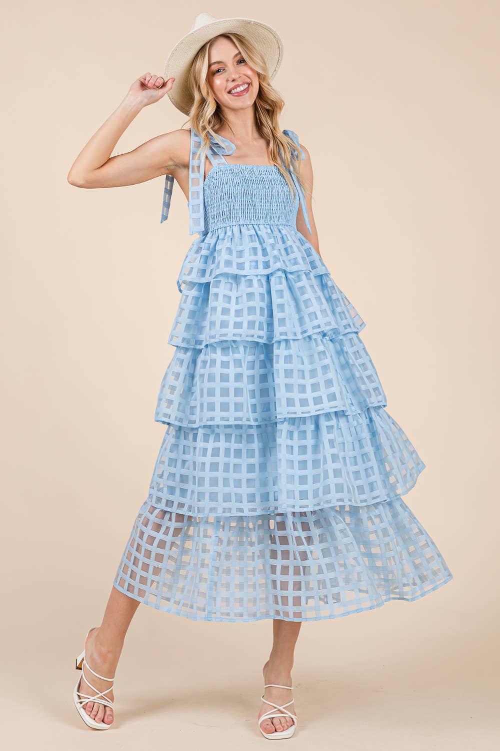 Checker Organza Layer Tiered Midi Sundress