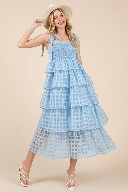 Checker Organza Layer Tiered Midi Sundress