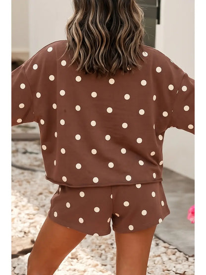 Polka Dot High Waist Long Sleeve Top and Skort Set