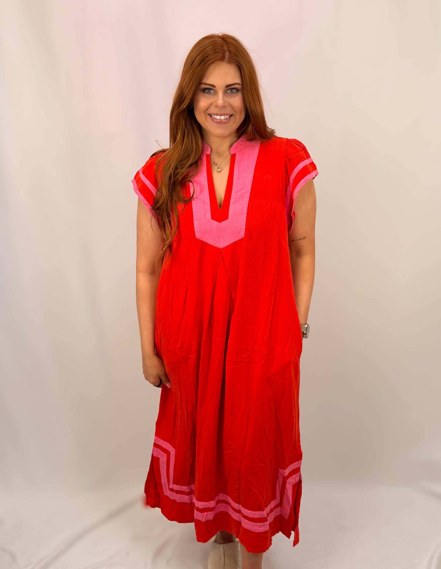 Linen Contrast Midi Dress