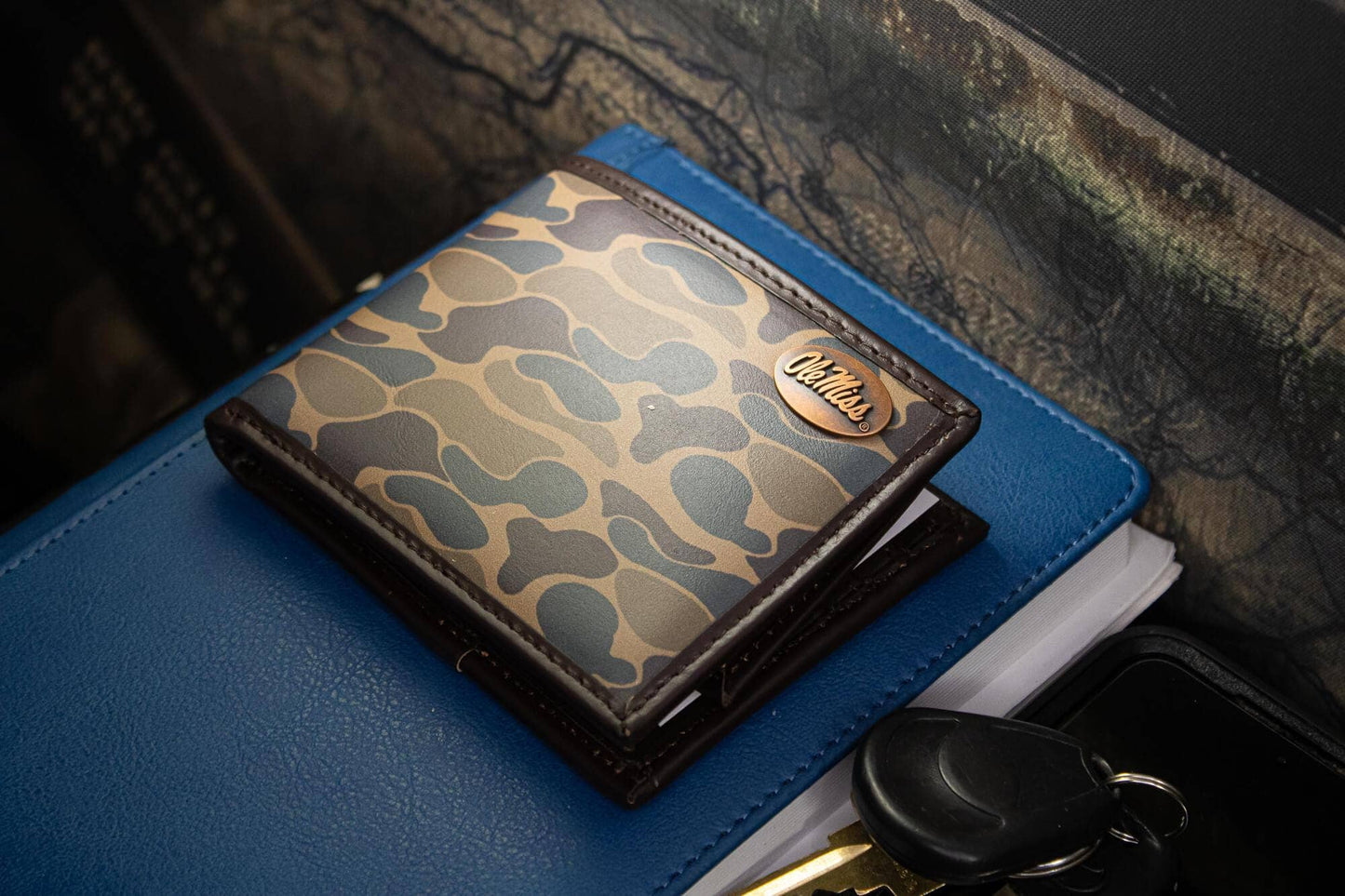 Ole Miss Rebels Men's Bifold Old School Camo Leather Wallet.
