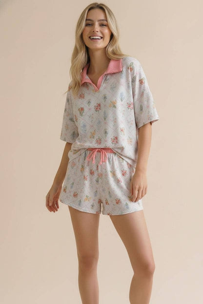 Plus Floral Print Color Block Lounge Wear Set