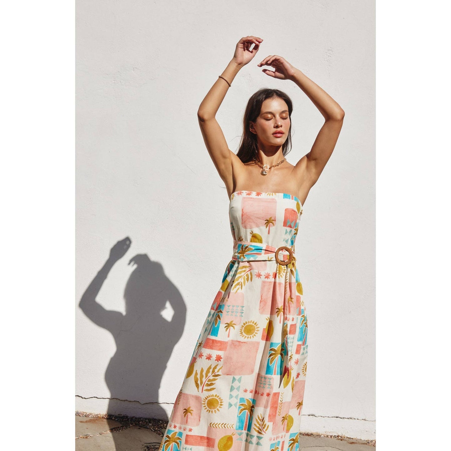 Moroccan Rattan Belt Strapless Maxi Dress