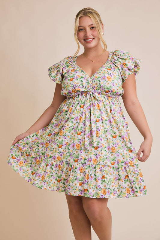 V-Neck Ruffle Sleeve Floral Mini Dress