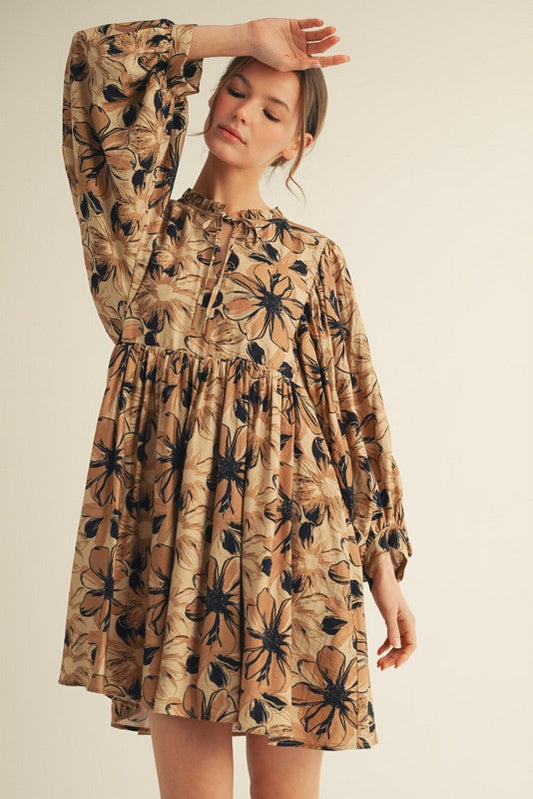 Floral Peasant Dress-Taupe