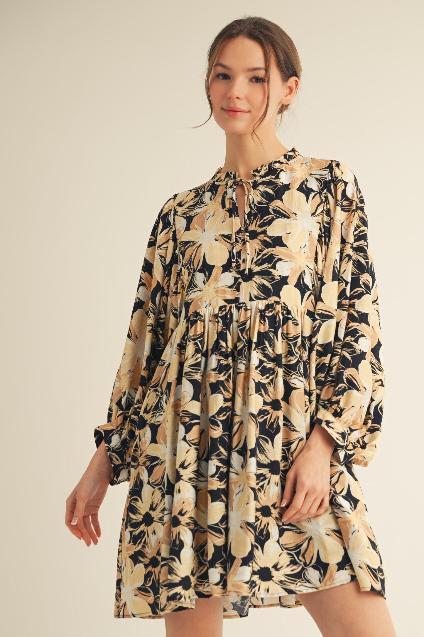 Floral Peasant Dress-Black