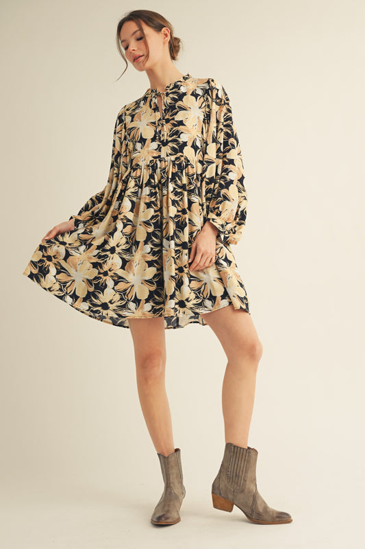 Floral Peasant Dress-Black
