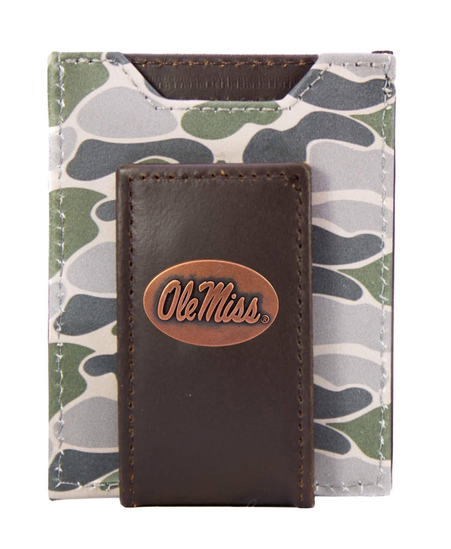 Ole Miss Rebels Men's Magnetic Front Pocket Old School Camo Leather Wallet.