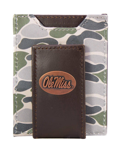 Ole Miss Rebels Men's Magnetic Front Pocket Old School Camo Leather Wallet.