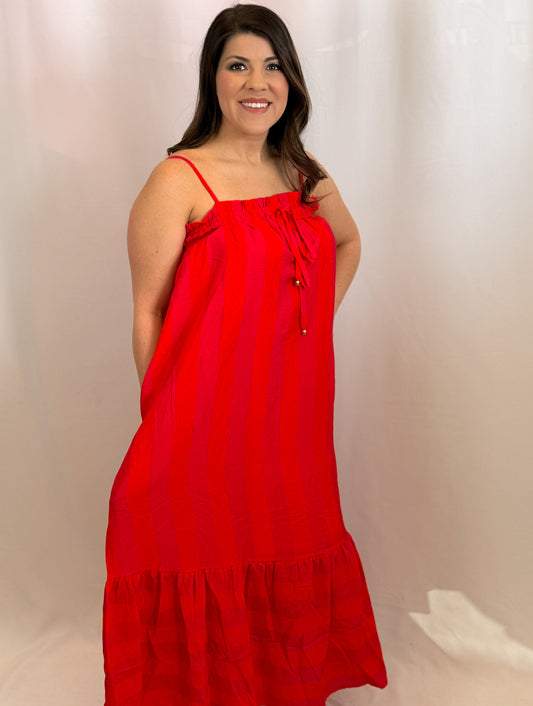 Striped print Ruffle sleeveless midi dress