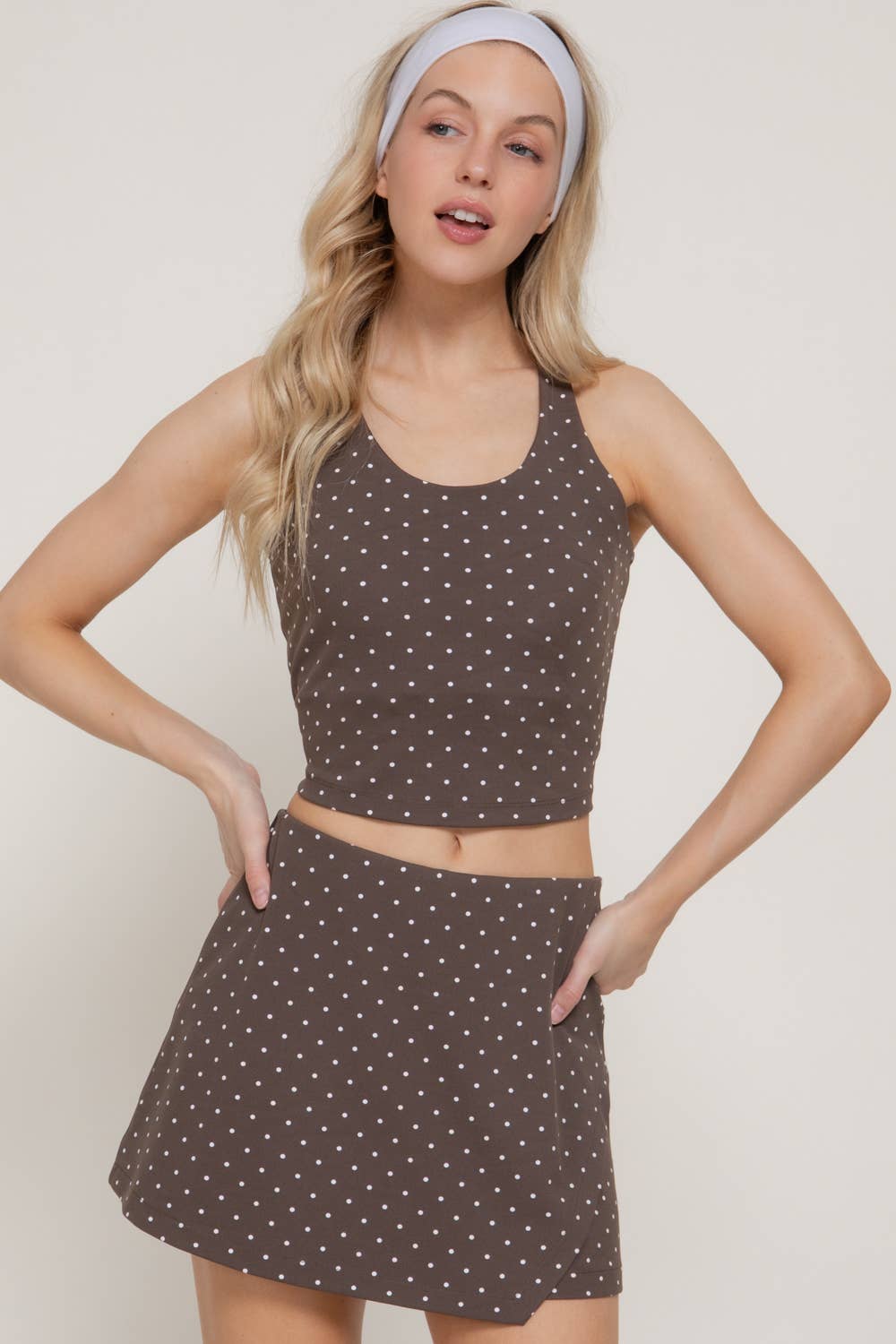 Strappy Back Tank Top & Wrap Skort Dot Print Activewear Set