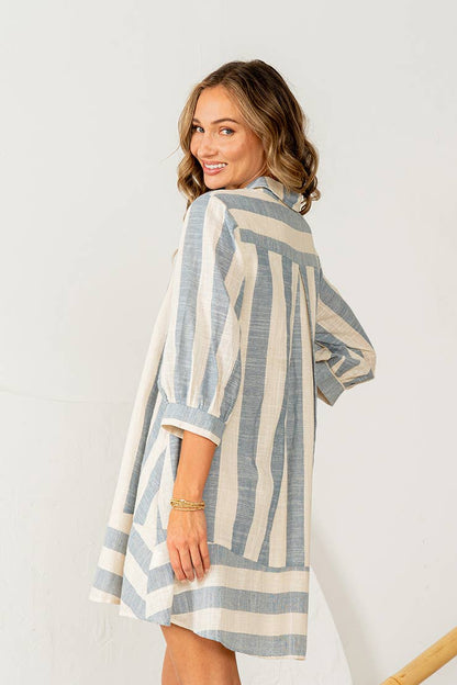 Relaxed Fit 3/4 Sleeves Striped Shirt Dress