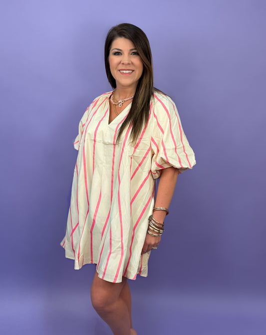 Puff-Sleeve Mini Shift Dress
