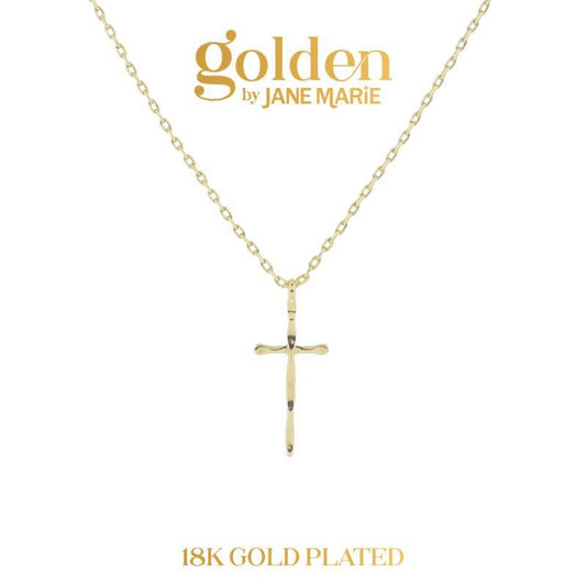 16" 18K Gold Plated Thin Hammered Cross Necklace, 3" Ext.