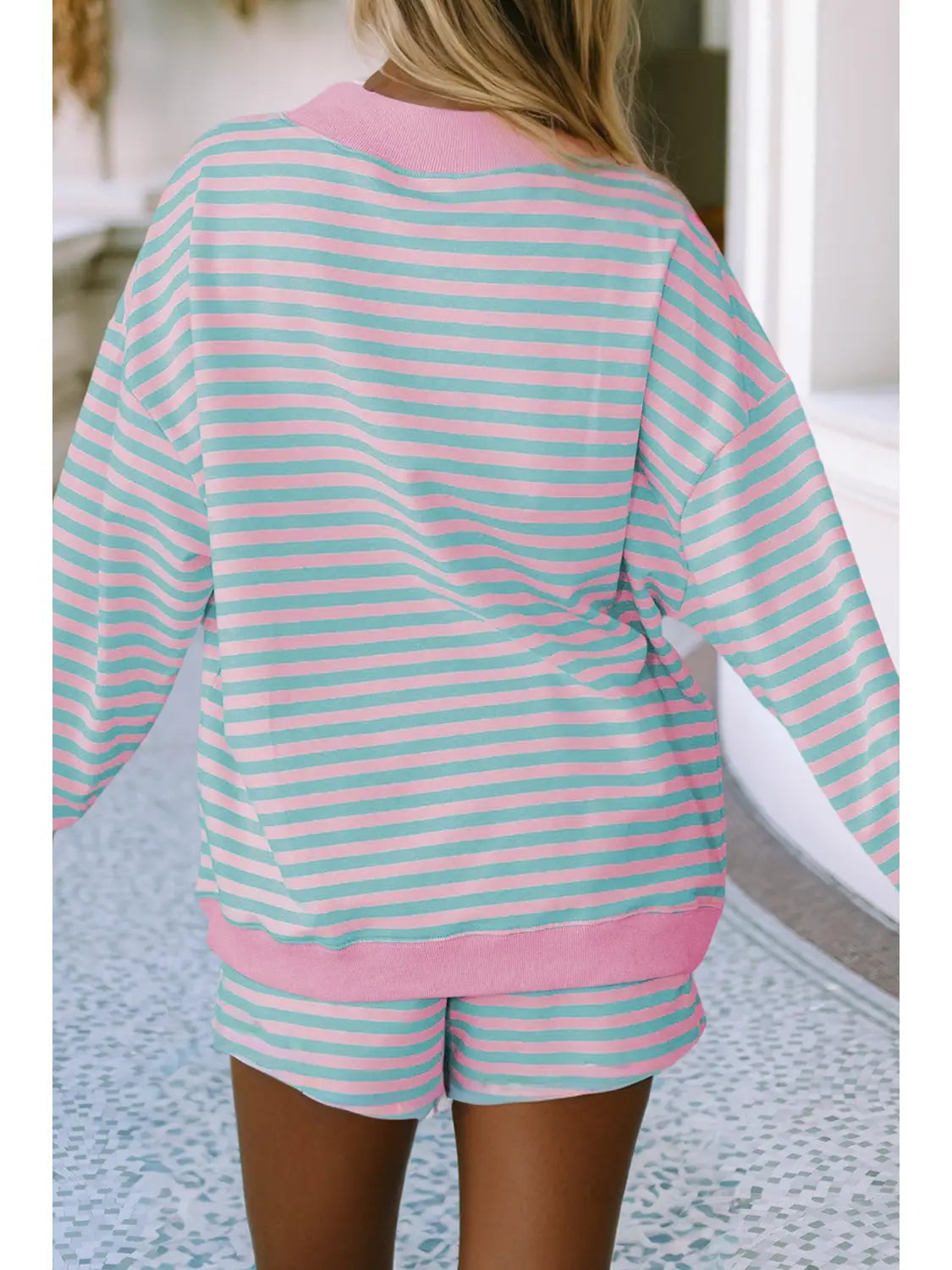 Stripe Colorblock Pullover Elastic Waist Shorts 2pcs Set