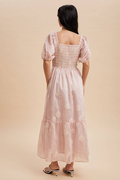EMBROIDERED SMOCKED MAXI DRESS