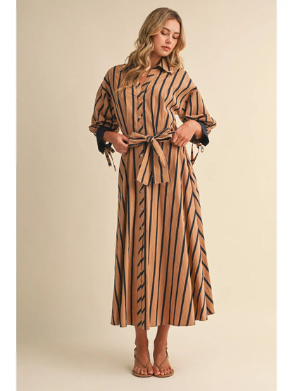 Striped Print Pintuck Detail Waist Midi Shirt Dress