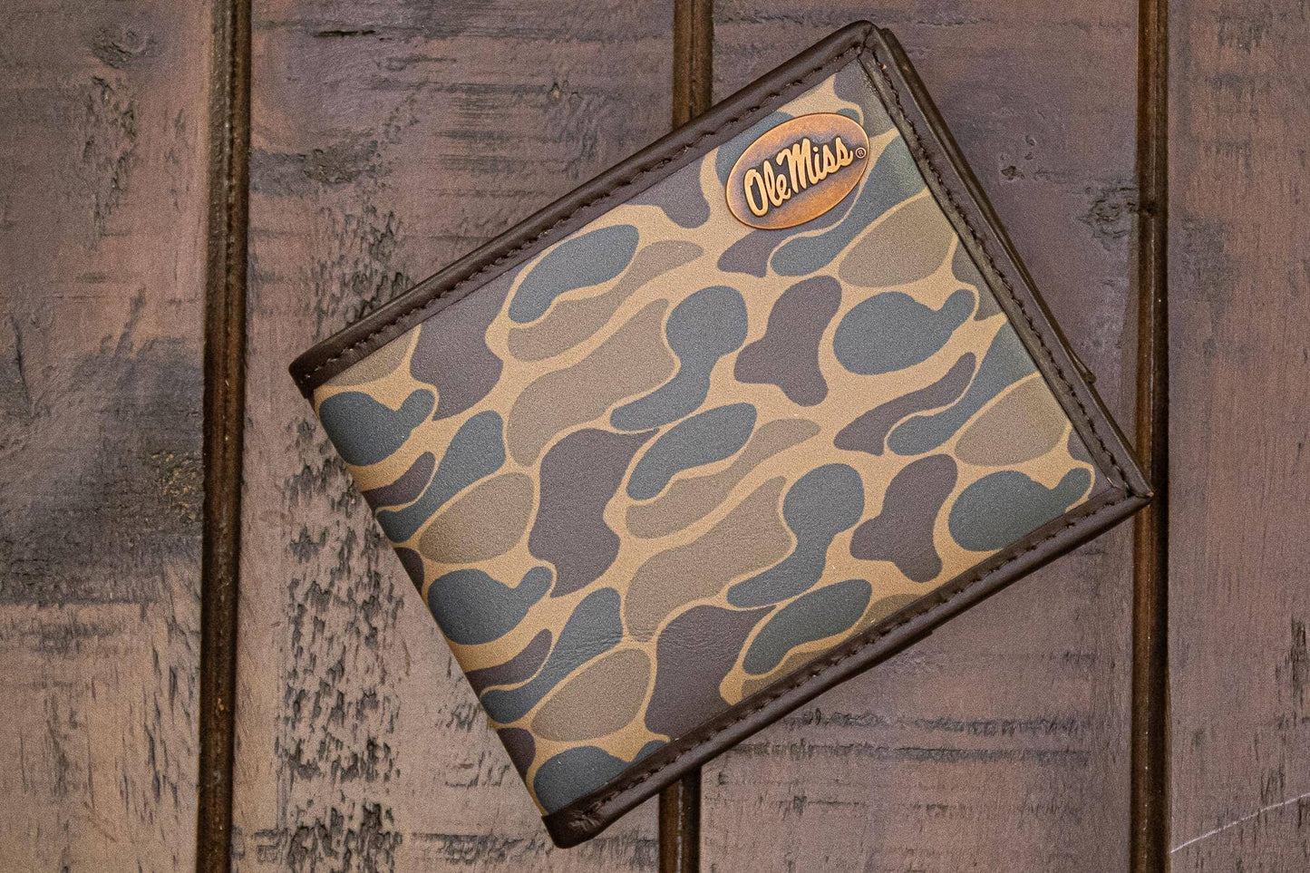 Ole Miss Rebels Men's Bifold Old School Camo Leather Wallet.