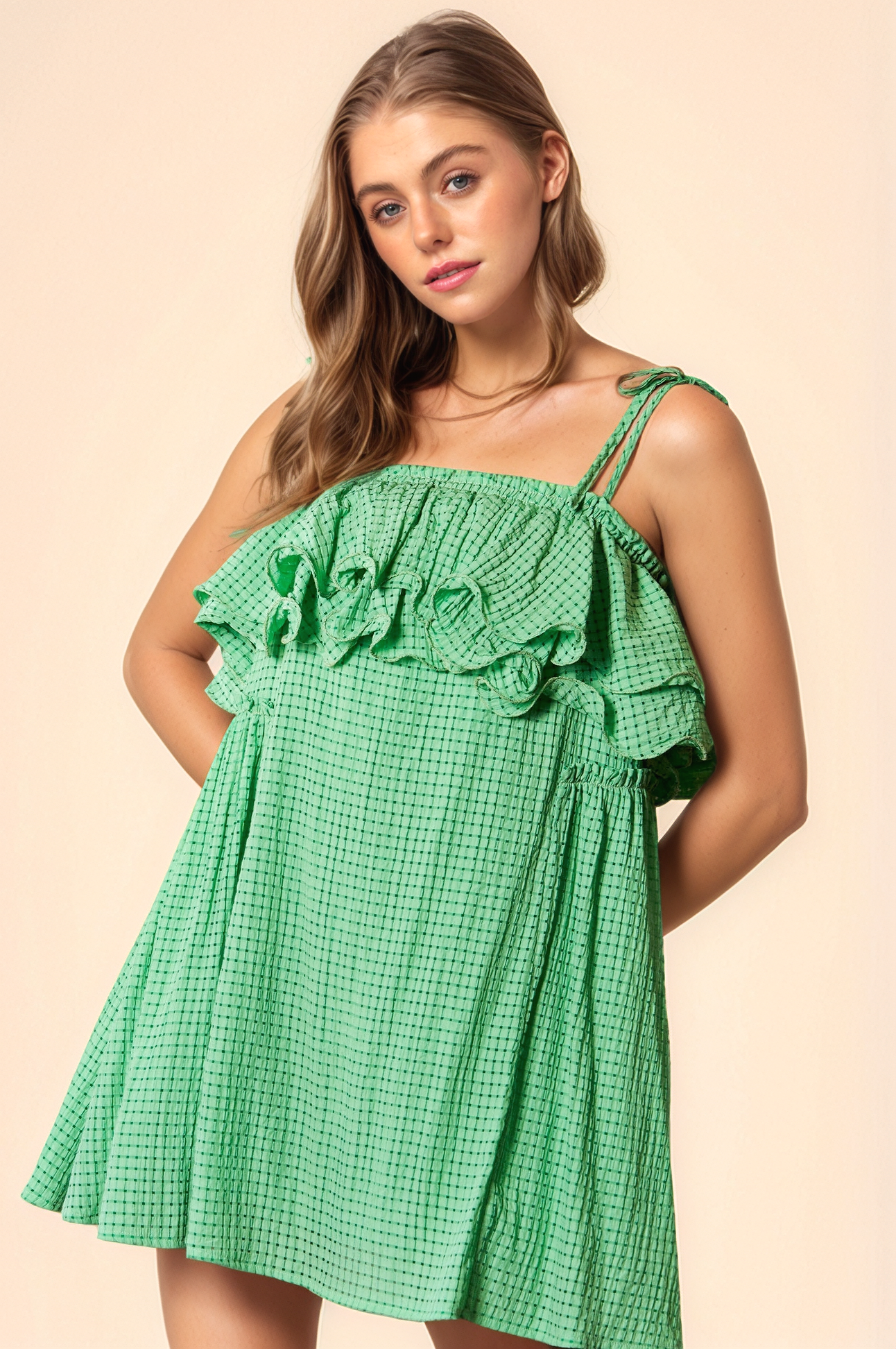 TEXTURED JACQUARD CHECKER FABRIC RUFFLED DRESS