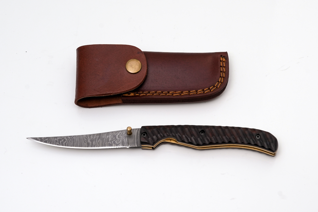 Hand-Forged Damascus Slim Folder | Textured Dark Wood Handle & Intricate Spine File Work