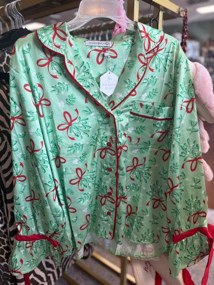 Meet Me Under the Mistletoe Satin Notch Collar Top and Short Set