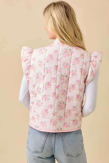Floral Printed Ruffle Sleeve Puff Vest