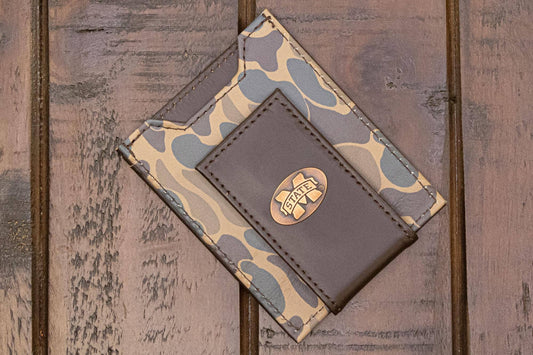 MSU Bulldogs Men's Magnetic Front Pocket Old School Camo Leather Wallet.