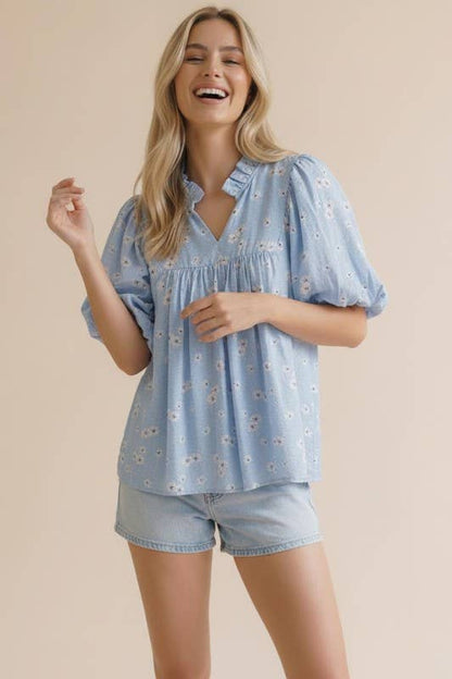 Plus Frilled Notch Neck Short Sleeve Floral Blouse