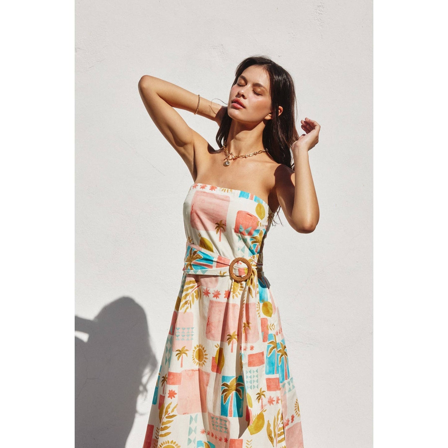 Moroccan Rattan Belt Strapless Maxi Dress