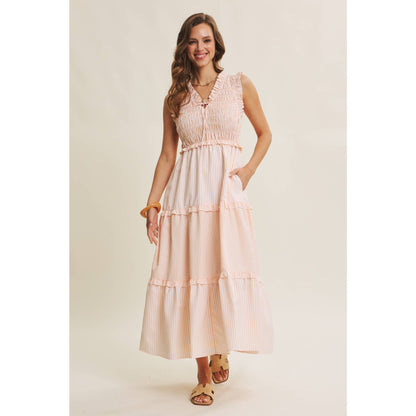 INSTANTLY UPLIFTING MIXED STRIPE SMOCKED MIDI DRESS