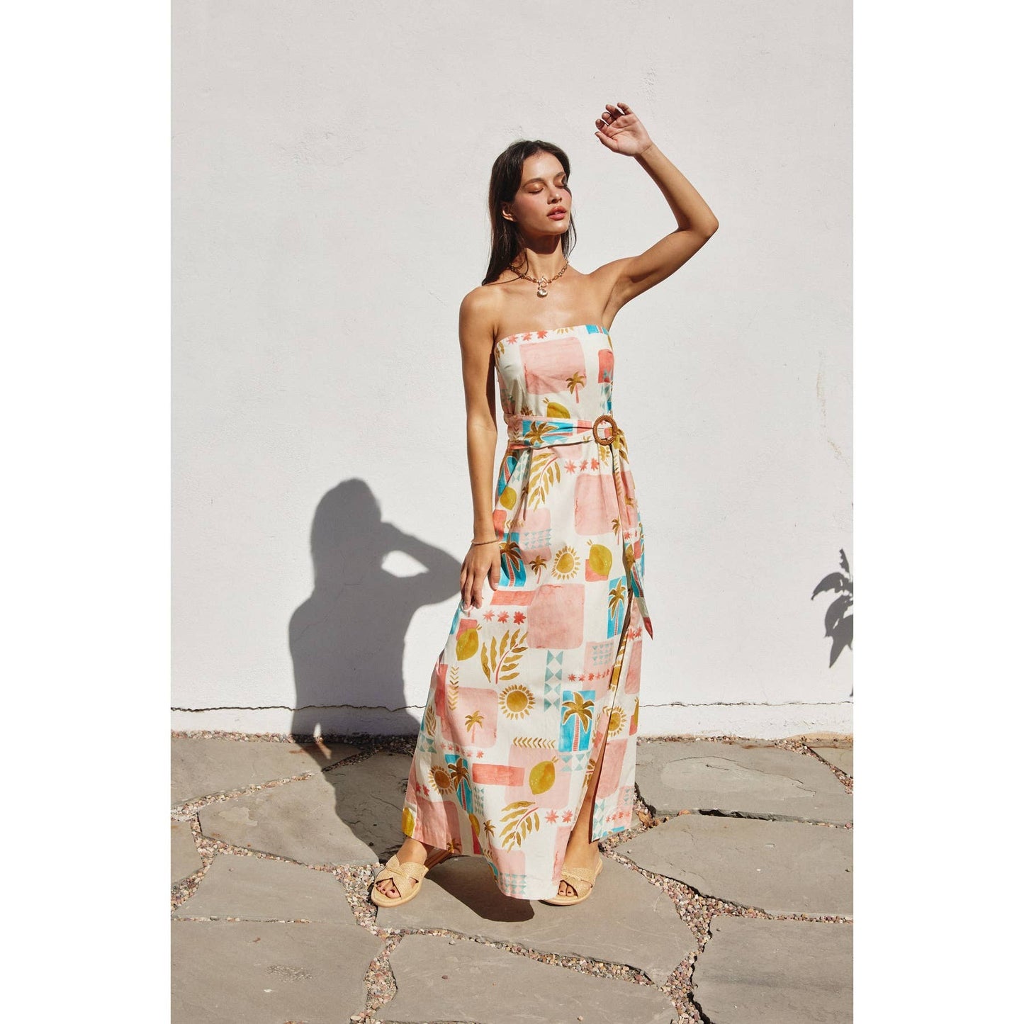 Moroccan Rattan Belt Strapless Maxi Dress