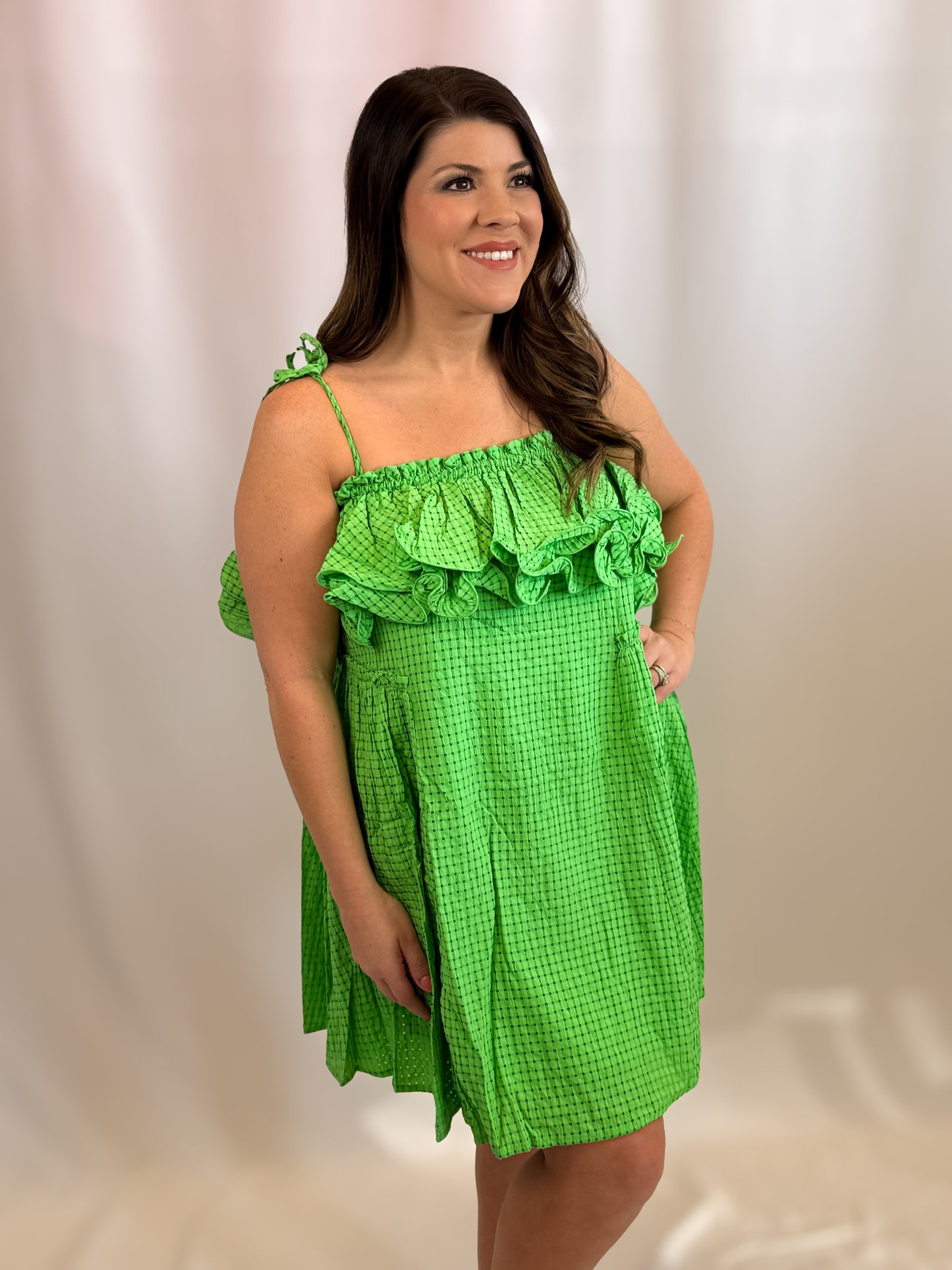 TEXTURED JACQUARD CHECKER FABRIC RUFFLED DRESS
