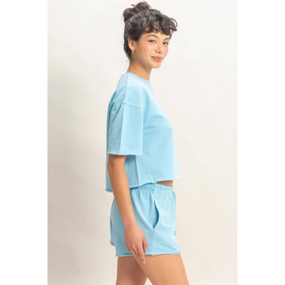 Short Sleeve Crew Neck Top And Shorts Set: BLUE