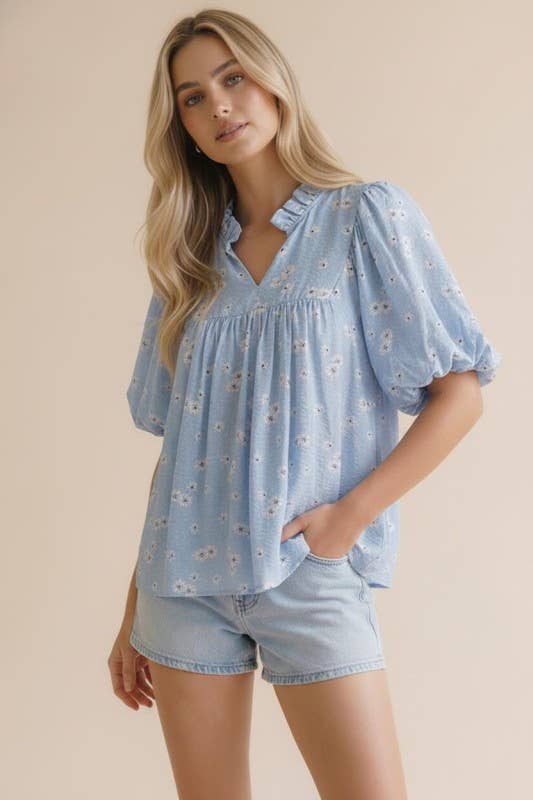 Plus Frilled Notch Neck Short Sleeve Floral Blouse