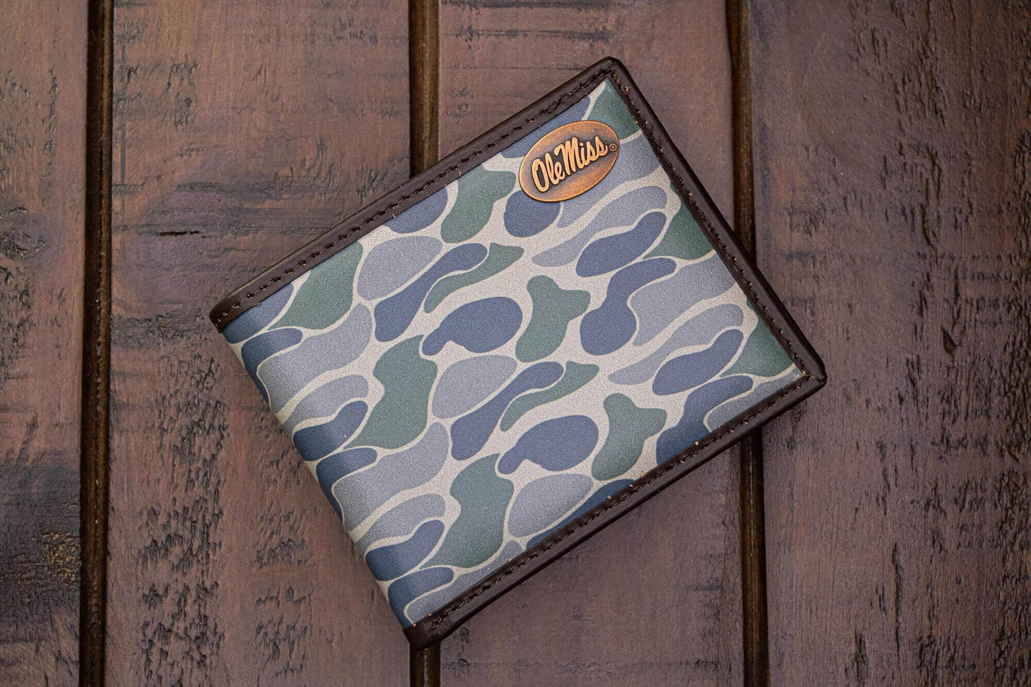 Ole Miss Rebels Men's Bifold Old School Camo Leather Wallet.