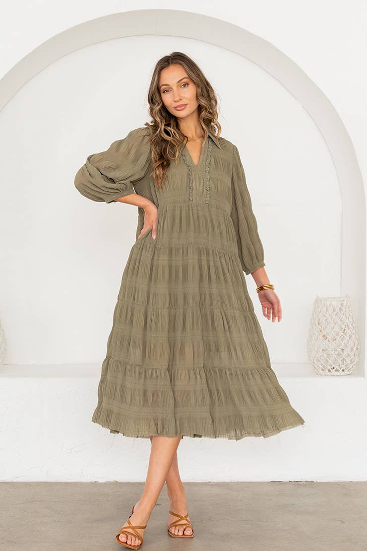 Relaxed Tiered Midi Dress 3/4 Balloon Sleeves