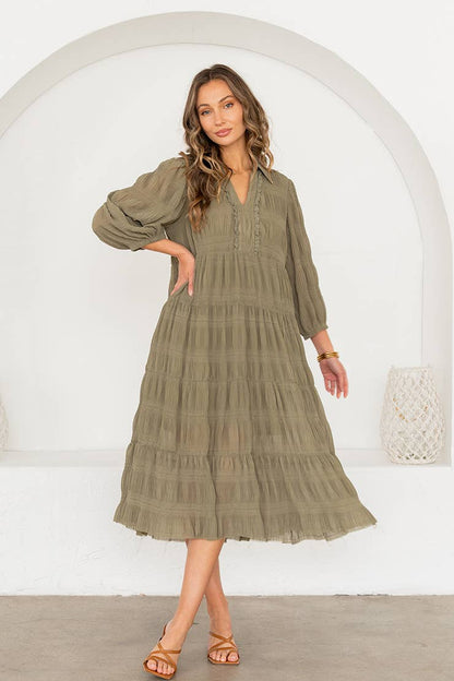 Relaxed Tiered Midi Dress 3/4 Balloon Sleeves