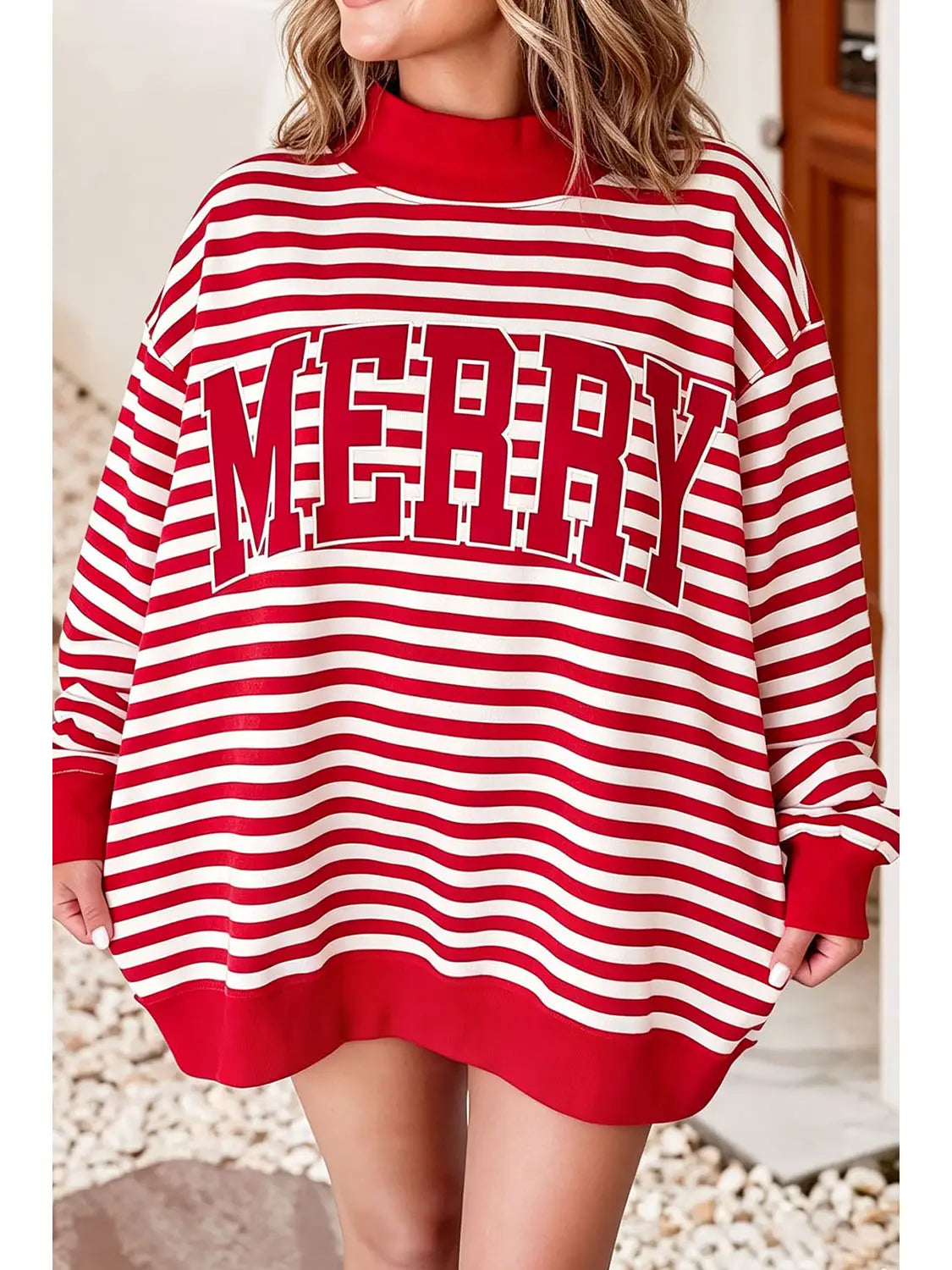 Christmas Holiday Stripe Mock Neck Sweatshirt