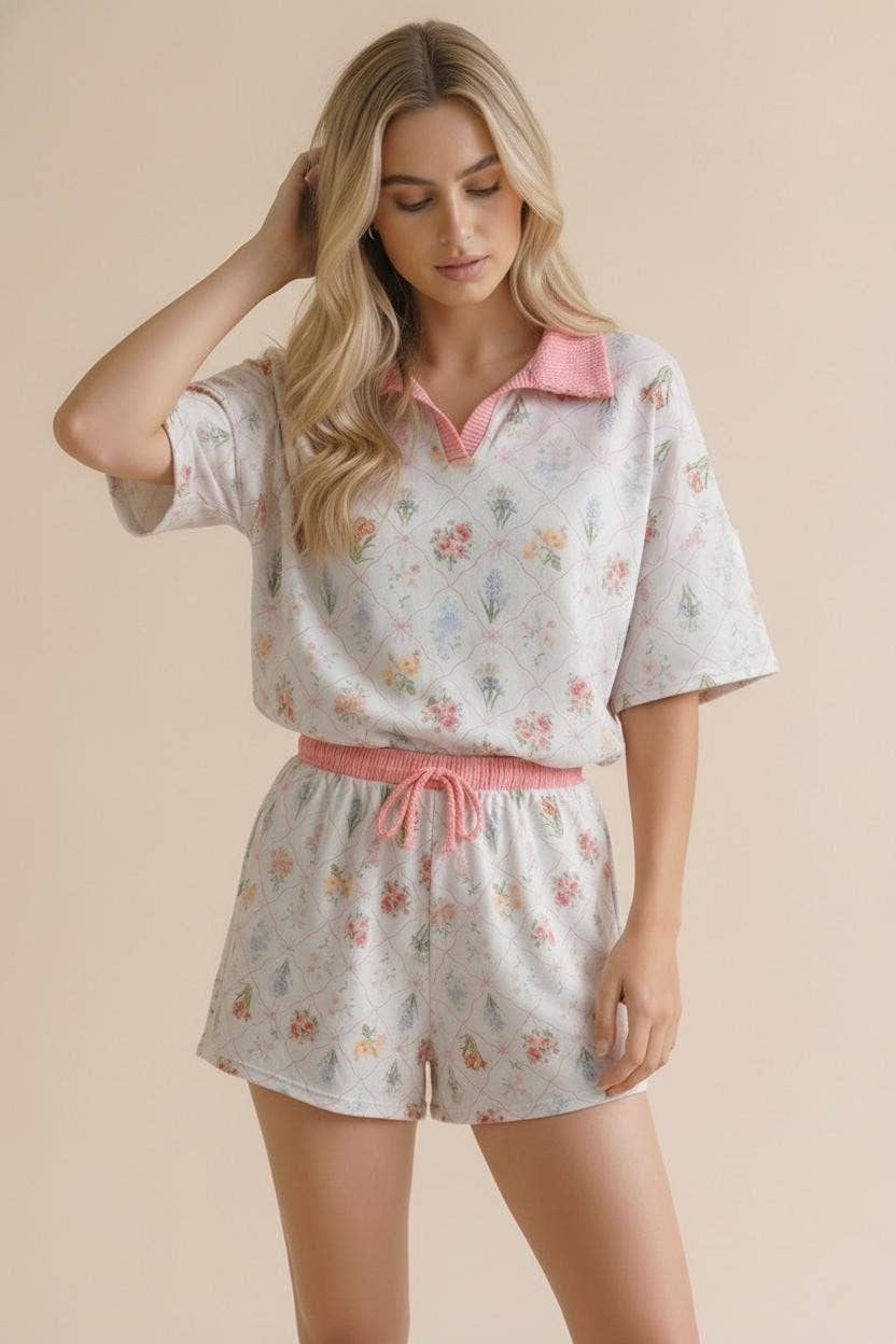 Plus Floral Print Color Block Lounge Wear Set