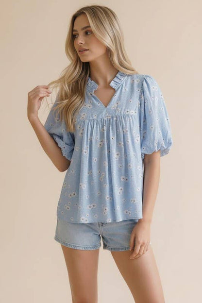 Plus Frilled Notch Neck Short Sleeve Floral Blouse