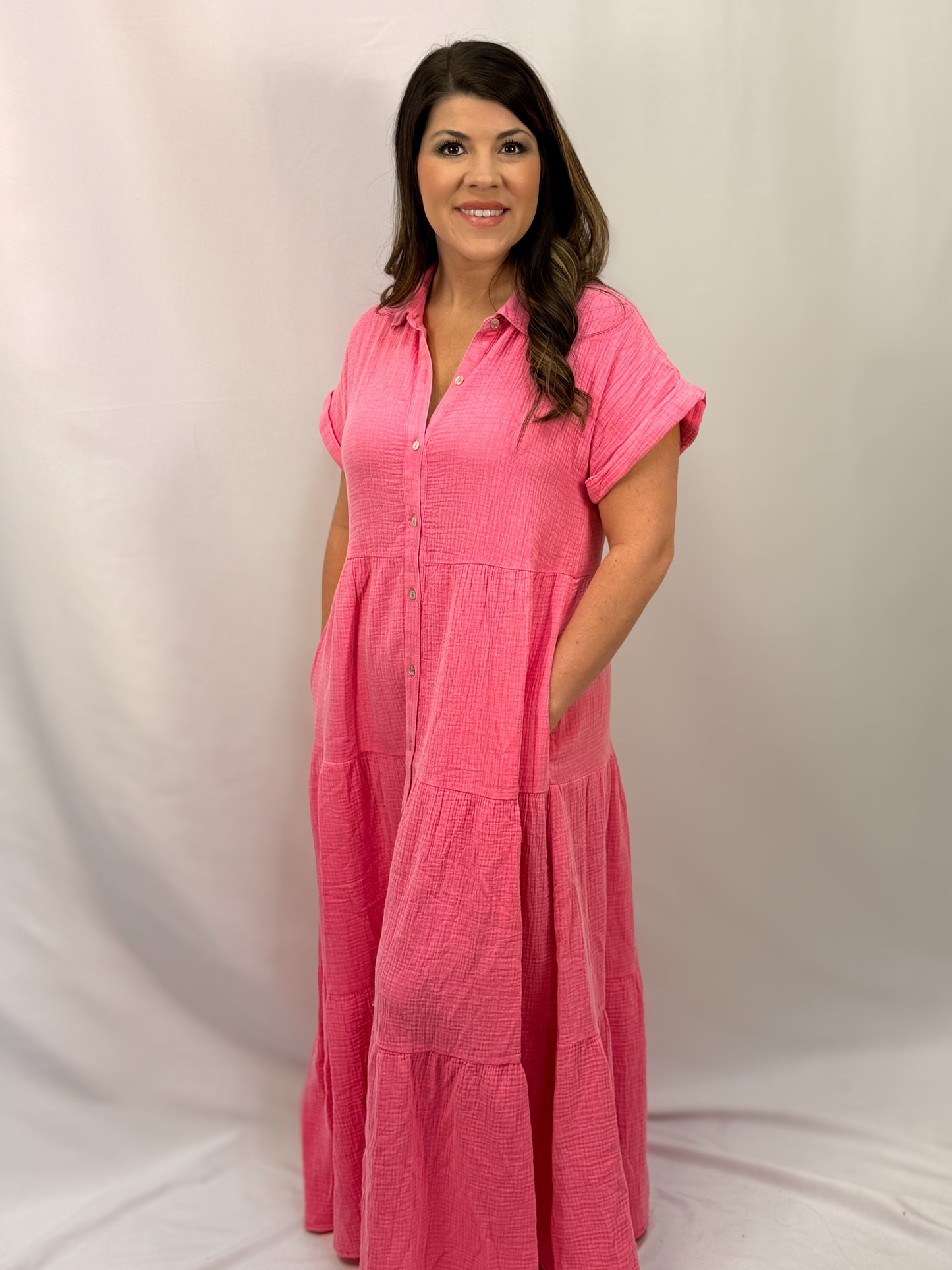 DEFINES EASY LIVING MINERAL-WASHED GAUZE MAXI SHIRT DRESS