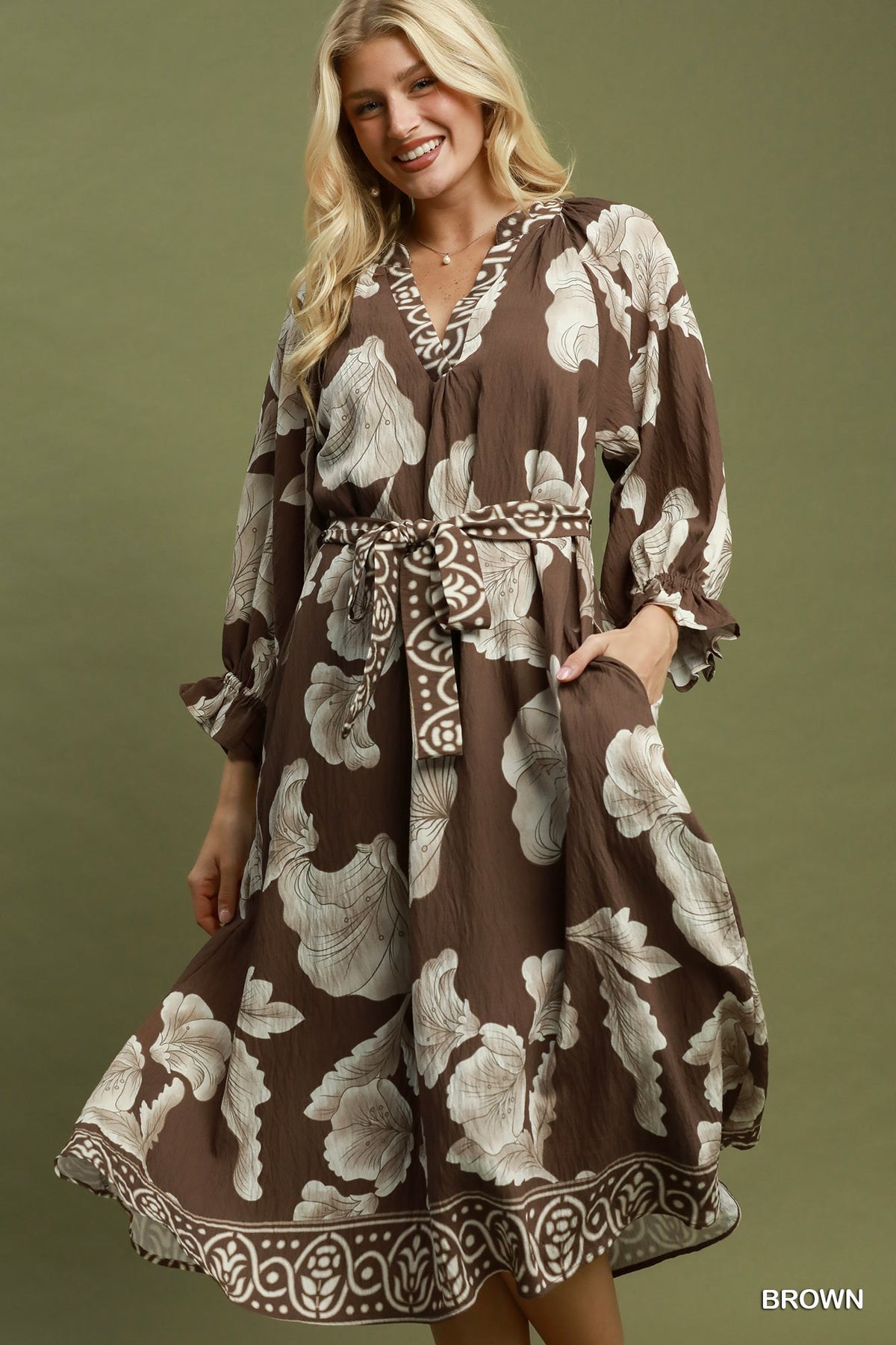 Floral Print Belted Midi Dress-Brown