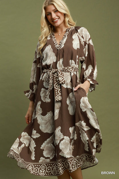 Floral Print Belted Midi Dress-Brown