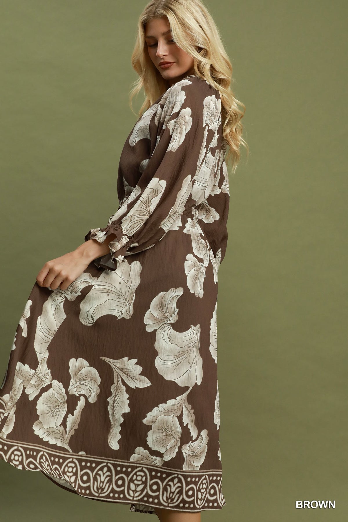 Floral Print Belted Midi Dress-Brown