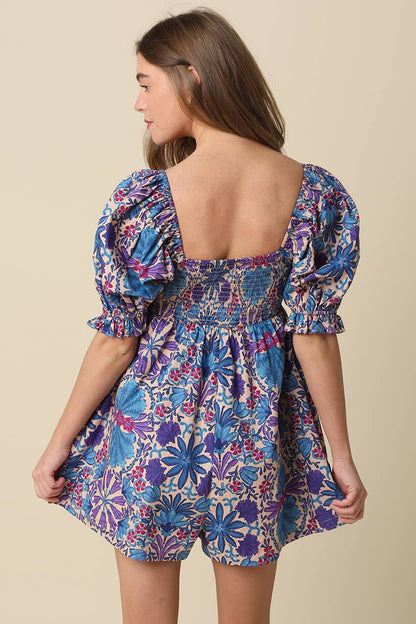 Kiley Indigo Garden Puff-Sleeve Romper