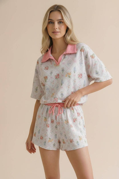 Plus Floral Print Color Block Lounge Wear Set