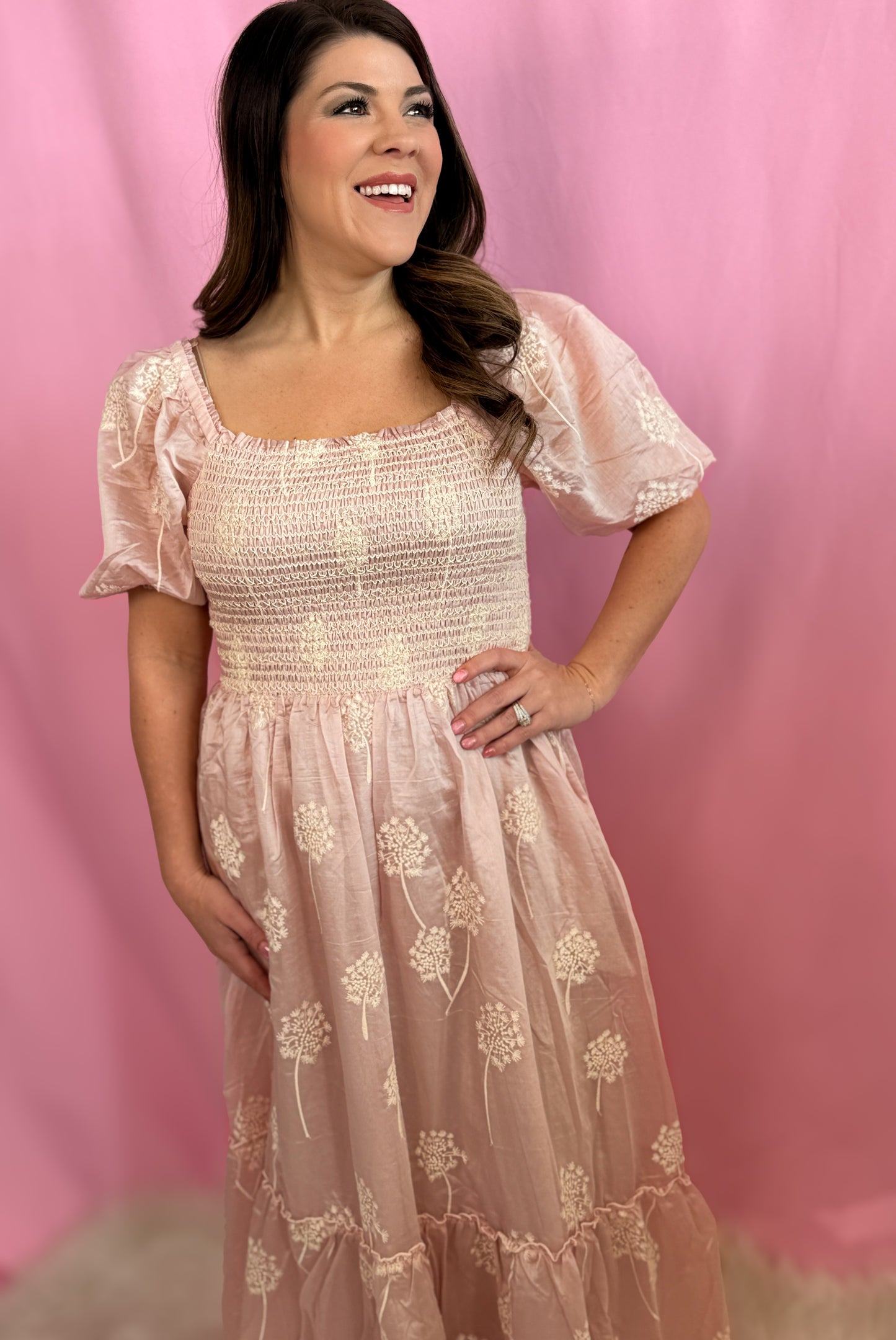 EMBROIDERED SMOCKED MAXI DRESS