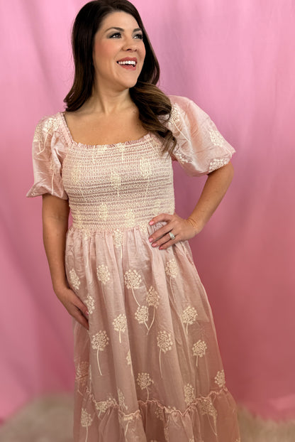 EMBROIDERED SMOCKED MAXI DRESS