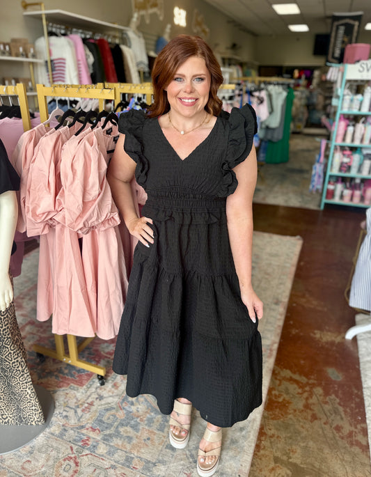 Smocked Waist Ruffle Midi Dress